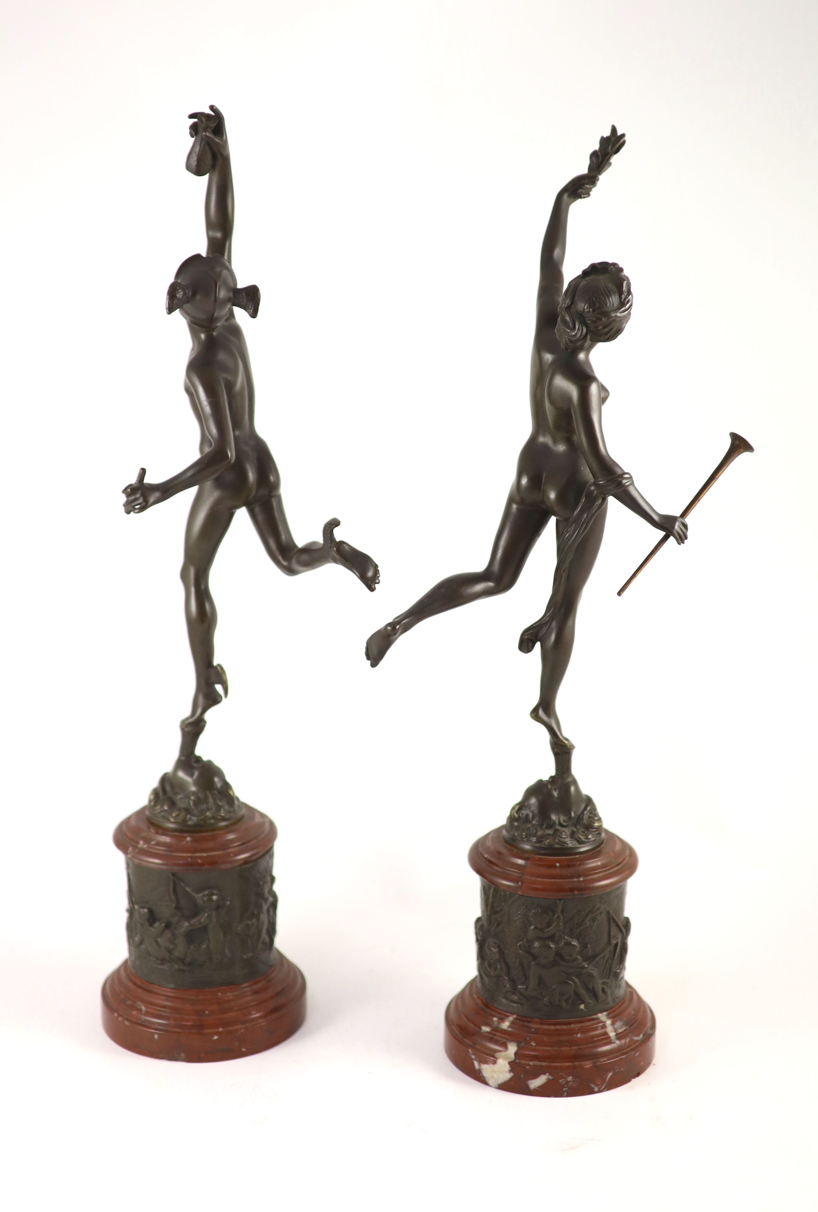 After Giambologna. A pair of 19th century Grand Tour bronzes depicting Mercury and Fortuna height 56cm